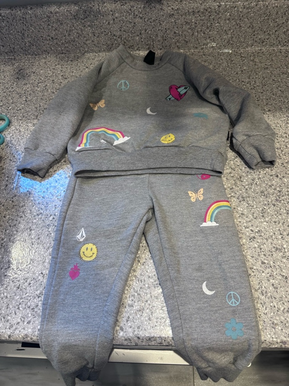 Volcom Gray Girls' Sweatpants & Top Set with Rainbow and Smiley Patches
